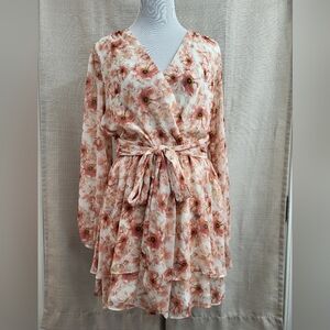 Express Burgundy Cream Tan Floral Long Sleeve Romper Sheer Lined Boho Size Large